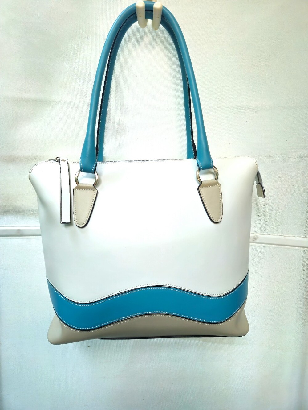 NICOLE Italian Genuine Leather Colorblock Tote Shoulder Bag White Blue NWOT
